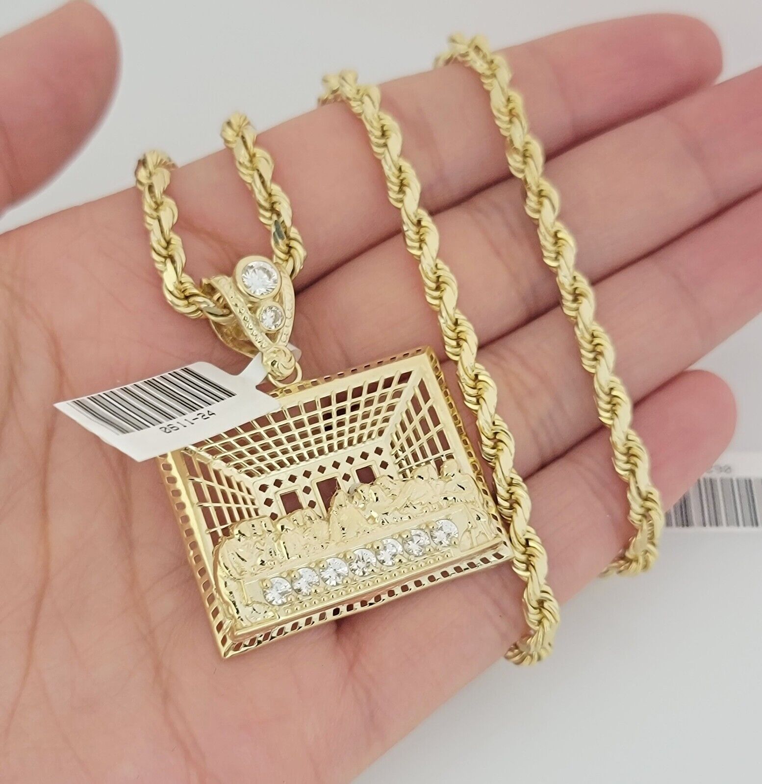 Real 10k Gold Chain Pendant SET Last Supper Charm Solid Rope Necklace 4mm 24Inch